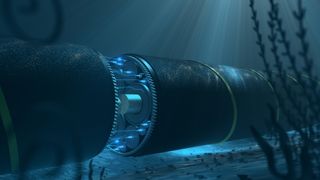 A CGI render showing a cross-section of a subsea internet cable, containing bundled fiberglass cables within an insulated and reinforced pipe and surrounded by diffused blue underwater light. To the left and right, seafloor vegetation forms a vignette on the frame.