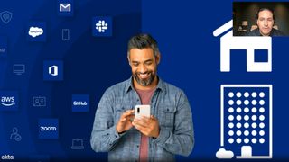 Webinar screen with host image top right and centre image of man using a smartphone surrounded by brand logos including Salesforce