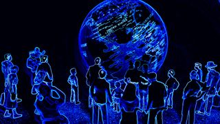 People crowded around a virtual space looking at the Earth