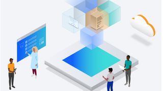 Image from IBM's whitepaper on FinOps with cartoon of little people in front of large monitors and cloud icon