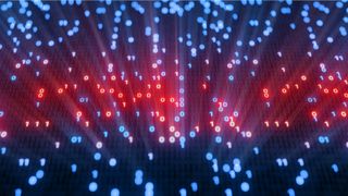 Abstract image of glowing binary code in red and blue