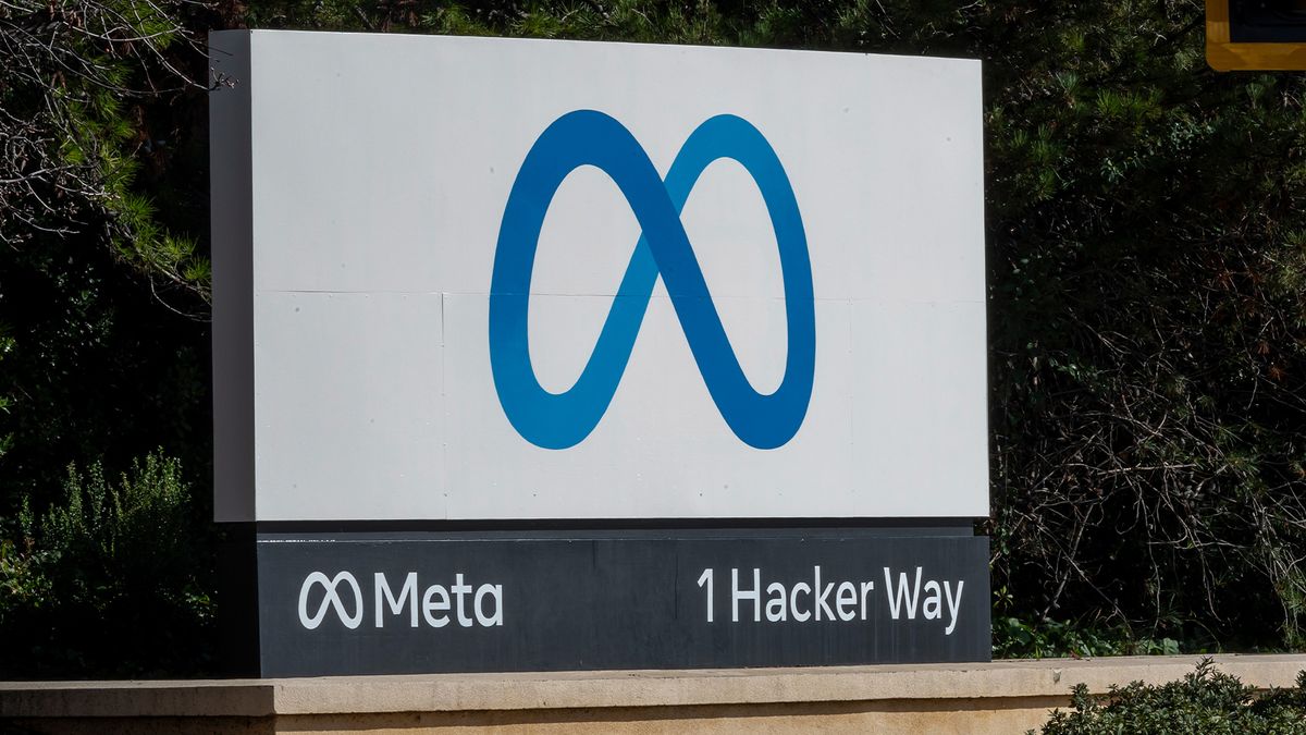 Meta logo and branding pictured on the tech giant&#039;s head office sign at One Hacker Way in Menlo Park, California. 