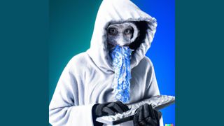 Christmas card artwork of a hacker themed around Frosty the Snowman generated by AI