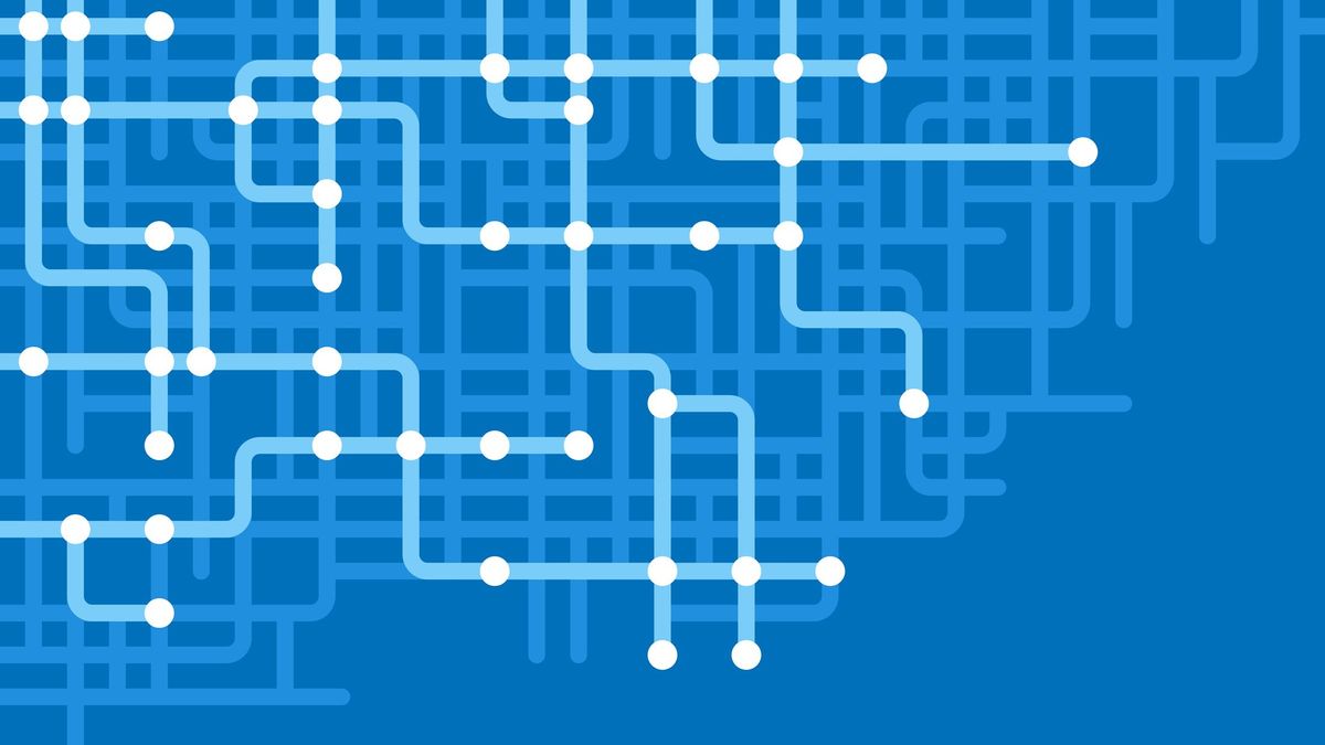 An abstract image showing white lines and connected dots on a blue background