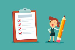 cartoon graphic woman holding a large pencil next to a large clipboard with a checklist