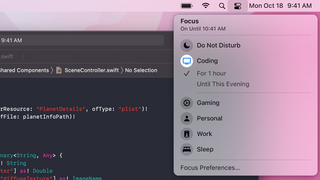 A screenshot of Mac OS Monterey showing the Focus Menu and options to mute notifications