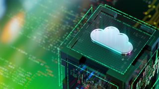 Cloud native security concept image showing cloud symbol pictured on top of a digitized cube representing a circuit board and GPU.