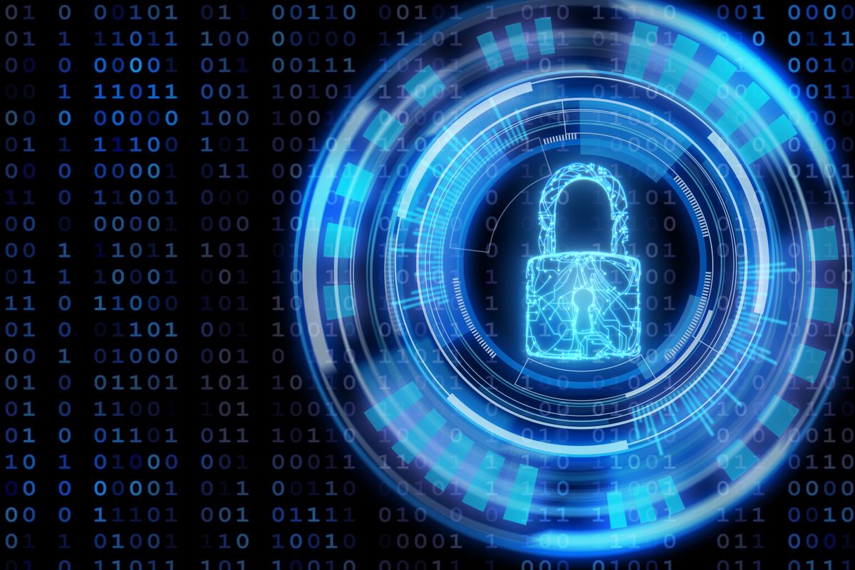 Cyber security concept image with a digitalized padlock surrounded by digital interface