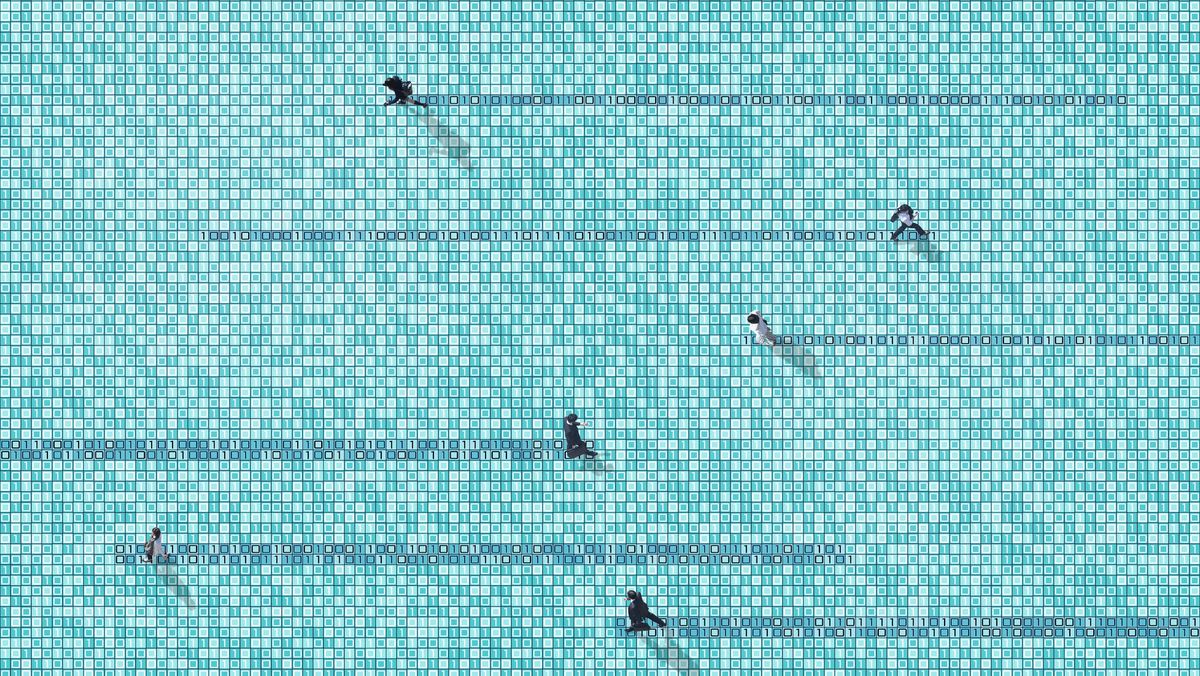 A top-down artwork showing businesspeople walking left and right across blocks with binary code on them, to represent the cyber security skills shortage. None of the businesspeople are on paths that will intersect, and as they walk the blocks change from light blue to dark blue.