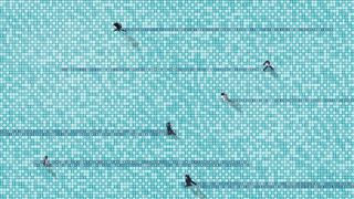 A top-down artwork showing businesspeople walking left and right across blocks with binary code on them, to represent the cyber security skills shortage. None of the businesspeople are on paths that will intersect, and as they walk the blocks change from light blue to dark blue.