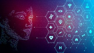 An abstract render showing a digital face looking at a collection of pentagons with icons representing different professions held inside